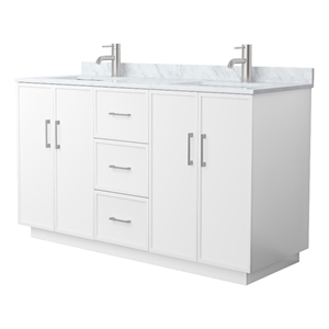 Elan TK 60&quot White Double Vanity & White Carrara Marble Top & Nickel Trim