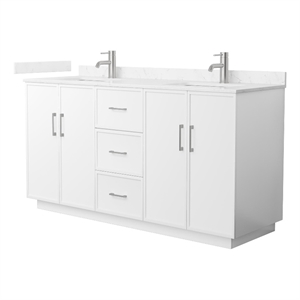 Elan TK 66&quot White Double Vanity & Carrara Cultured Marble Top & Nickel Trim