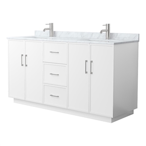 Elan TK 66&quot White Double Vanity & White Carrara Marble Top & Nickel Trim