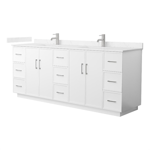 Elan TK 84&quot White Double Vanity & Carrara Cultured Marble Top & Nickel Trim