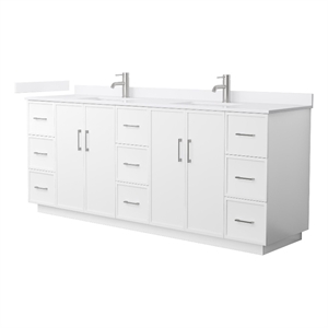 Elan TK 84&quot White Double Vanity & White Cultured Marble Top & Nickel Trim