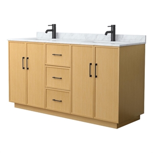 Elan TK 66&quot Light Oak Double Vanity & White Carrara Marble Top & Black Trim