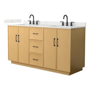 Elan TK 66&quot Light Oak Double Vanity Giotto Quartz Top (3-Hole) & Black Trim