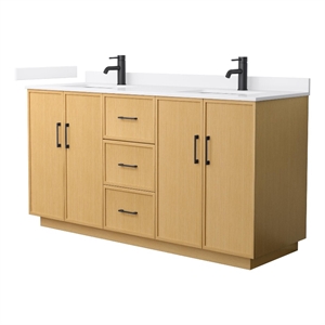 Elan TK 66&quot Light Oak Double Vanity & White Cultured Marble Top & Black Trim