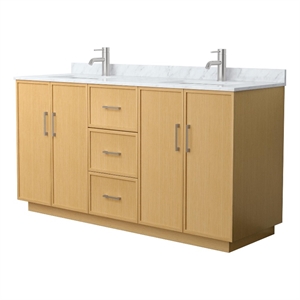 Elan TK 66&quot Light Oak Double Vanity & White Carrara Marble Top & Nickel Trim