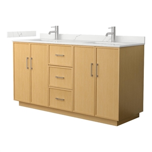 Elan TK 66&quot Light Oak Double Vanity Giotto Quartz Top (1-Hole) & Nickel Trim