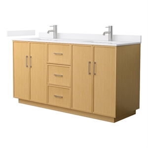 Elan TK 66&quot Light Oak Double Vanity White Cultured Marble Top & Nickel Trim