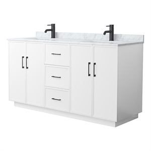 Elan TK 66&quot White Double Vanity & White Carrara Marble Top & Black Trim