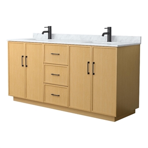Elan TK 72&quot Light Oak Double Vanity & White Carrara Marble Top & Black Trim