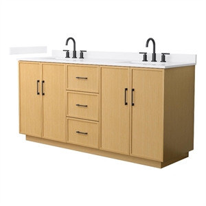 Elan TK 72&quot Light Oak Double Vanity & White Quartz Top (3-Hole) & Black Trim