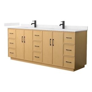 Elan TK 84&quot Light Oak Double Vanity Carrara Cultured Marble Top & Black Trim