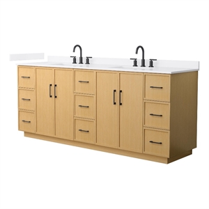 Elan TK 84&quot Light Oak Double Vanity & White Quartz Top (3-Hole) & Black Trim