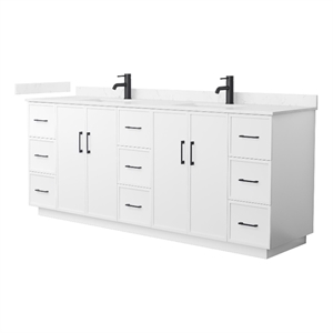 Elan TK 84&quot White Double Vanity & Carrara Cultured Marble Top & Black Trim