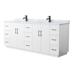 Elan TK 84&quot White Double Vanity & White Carrara Marble Top & Black Trim
