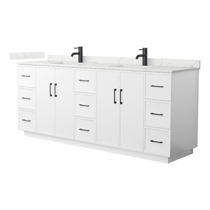 Elan TK 84&quot White Double Vanity & Giotto Quartz Top (1-Hole) & Black Trim