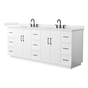 Elan TK 84&quot White Double Vanity & Giotto Quartz Top (3-Hole) & Black Trim