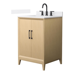 Janna 24&quot White Oak Single Vanity & White Quartz Top (3-Hole) & Black Trim