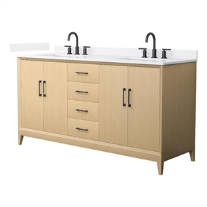 Janna 66&quot White Oak Double Vanity & White Quartz Top (3-Hole) & Black Trim