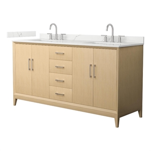 Janna 66&quot White Oak Double Vanity & Giotto Quartz Top (3-Hole) & Nickel Trim