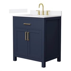 Beckett 30&quot Dark Blue Single Vanity & White Quartz Top (3-Hole) & Gold Trim
