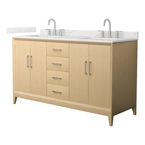 Janna 60&quot White Oak Double Vanity & Giotto Quartz Top (3-Hole) & Nickel Trim