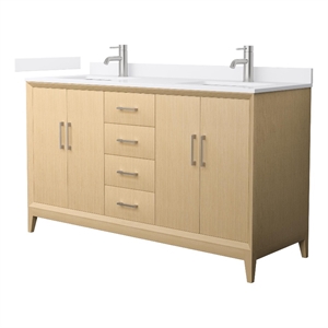 Janna 60&quot White Oak Double Vanity & White Cultured Marble Top & Nickel Trim