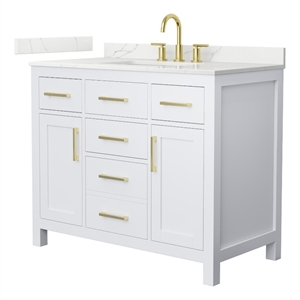 Beckett 42&quot White Single Vanity & Giotto Quartz Top (3-Hole) & Gold Trim