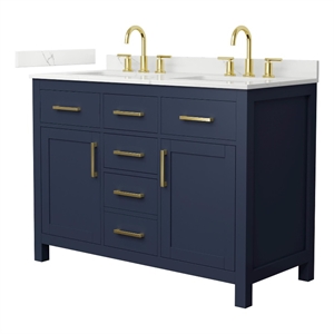 Beckett 48&quot Dark Blue Double Vanity & Giotto Quartz Top (3-Hole) & Gold Trim