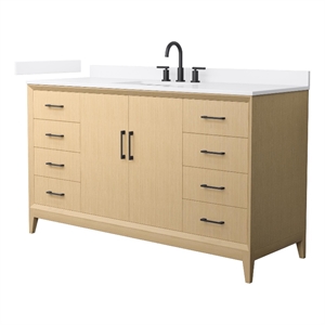 Janna 60&quot White Oak Single Vanity & White Quartz Top (3-Hole) & Black Trim