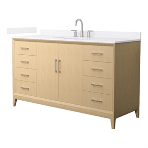 Janna 60&quot White Oak Single Vanity & White Quartz Top (3-Hole) & Nickel Trim