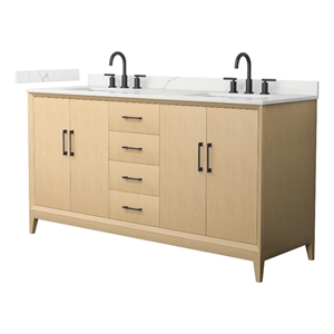 Janna 66&quot White Oak Double Vanity & Giotto Quartz Top (3-Hole) & Black Trim
