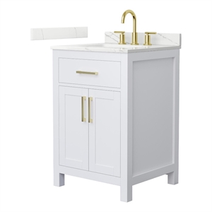 Beckett 24&quot White Single Vanity & Giotto Quartz Top (3-Hole) & Gold Trim