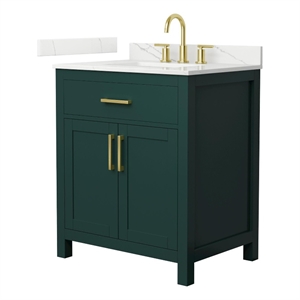 Beckett 30&quot Green Single Vanity & Giotto Quartz Top (3-Hole) & Gold Trim
