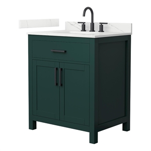 Beckett 30&quot Green Single Vanity & Giotto Quartz Top (3-Hole) & Black Trim