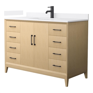 Janna 48&quot White Oak Single Vanity & White Quartz Top (1-Hole) & Black Trim