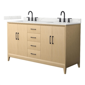 Janna 60&quot White Oak Double Vanity & Giotto Quartz Top (3-Hole) & Black Trim