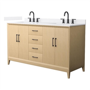 Janna 60&quot White Oak Double Vanity & White Quartz Top (3-Hole) & Black Trim