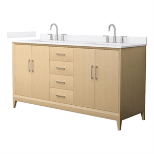 Janna 66&quot White Oak Double Vanity & White Quartz Top (3-Hole) & Nickel Trim