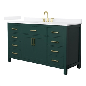 Beckett 60&quot Green Single Vanity & White Quartz Top (3-Hole) & Gold Trim