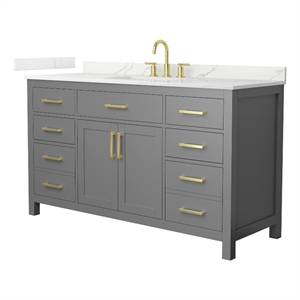Beckett 60&quot Dark Gray Single Vanity & Giotto Quartz Top (3-Hole) & Gold Trim