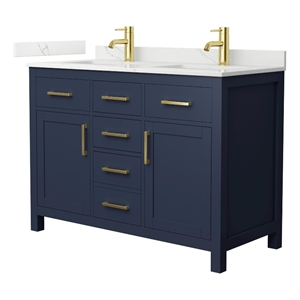Beckett 48&quot Dark Blue Double Vanity & Giotto Quartz Top (1-Hole) & Gold Trim