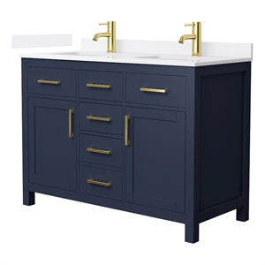 Beckett 48&quot Dark Blue Double Vanity & White Quartz Top (1-Hole) & Gold Trim