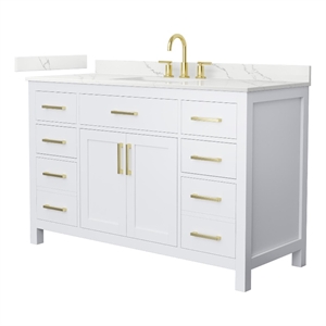 Beckett 54&quot White Single Vanity & Giotto Quartz Top (3-Hole) & Gold Trim