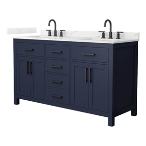 Beckett 60&quot Dark Blue Double Vanity & Giotto Quartz Top (3-Hole) & Black Trim