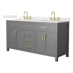 Beckett 66&quot Dark Gray Double Vanity & Giotto Quartz Top (3-Hole) & Gold Trim