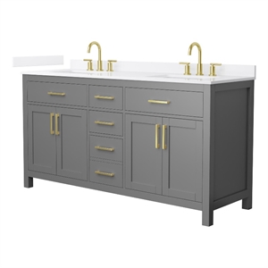 Beckett 66&quot Dark Gray Double Vanity & White Quartz Top (3-Hole) & Gold Trim