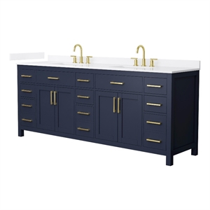 Beckett 84&quot Dark Blue Double Vanity & White Quartz Top (3-Hole) & Gold Trim
