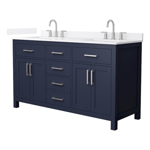 Beckett 60&quot Dark Blue Double Vanity & White Quartz Top (3-Hole) & Nickel Trim