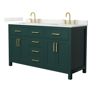 Beckett 60&quot Green Double Vanity & Giotto Quartz Top (3-Hole) & Gold Trim