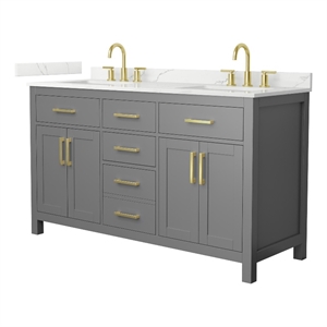 Beckett 60&quot Dark Gray Double Vanity & Giotto Quartz Top (3-Hole) & Gold Trim
